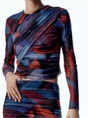 Zara Multicolor Blue and Red Abstract Long Sleeve Top